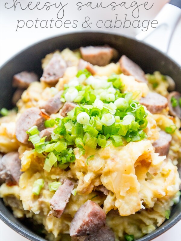 Cheesy colcannon skillet dinner with Irish potatoes, cabbage, and sausage.