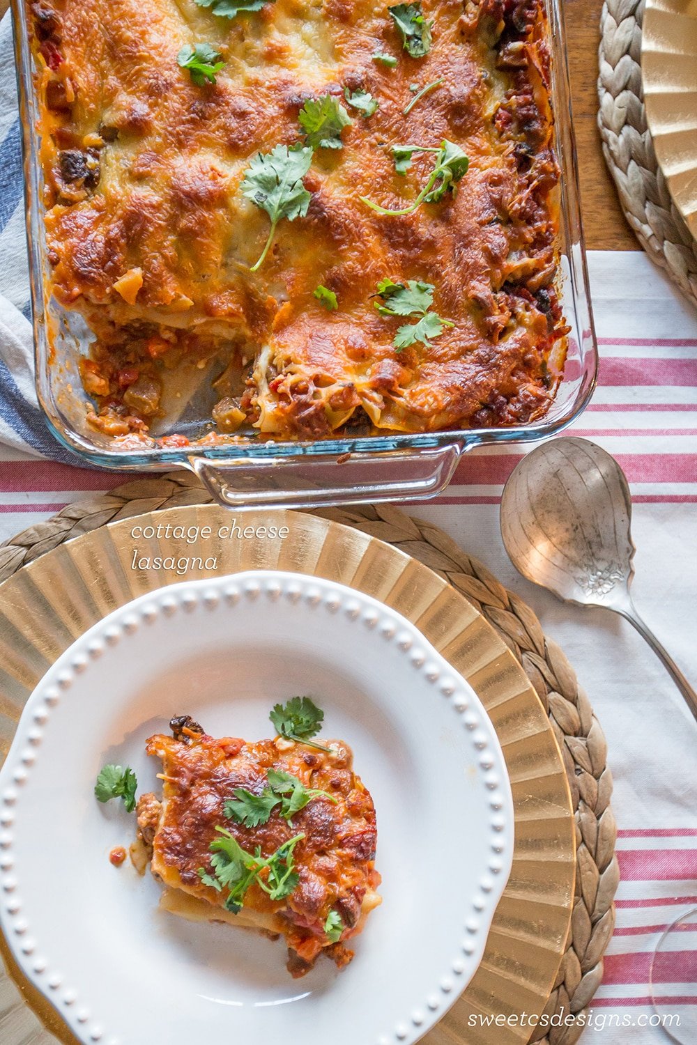 layered lasagna with beef and cottage cheese and parsley on 