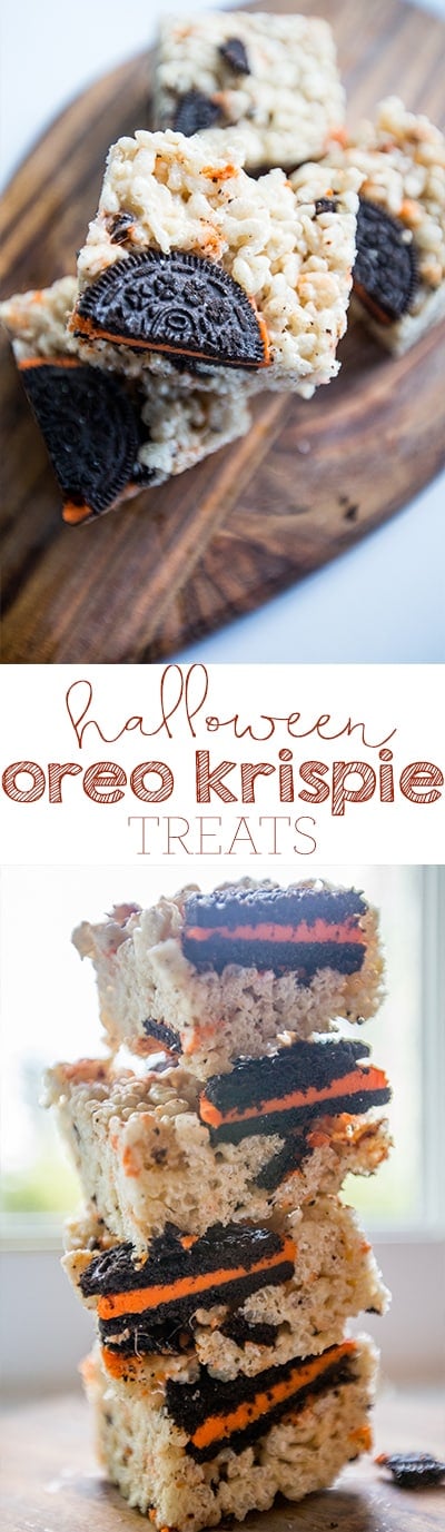 rice crispies with Halloween Oreos in them on a wooden cutting board