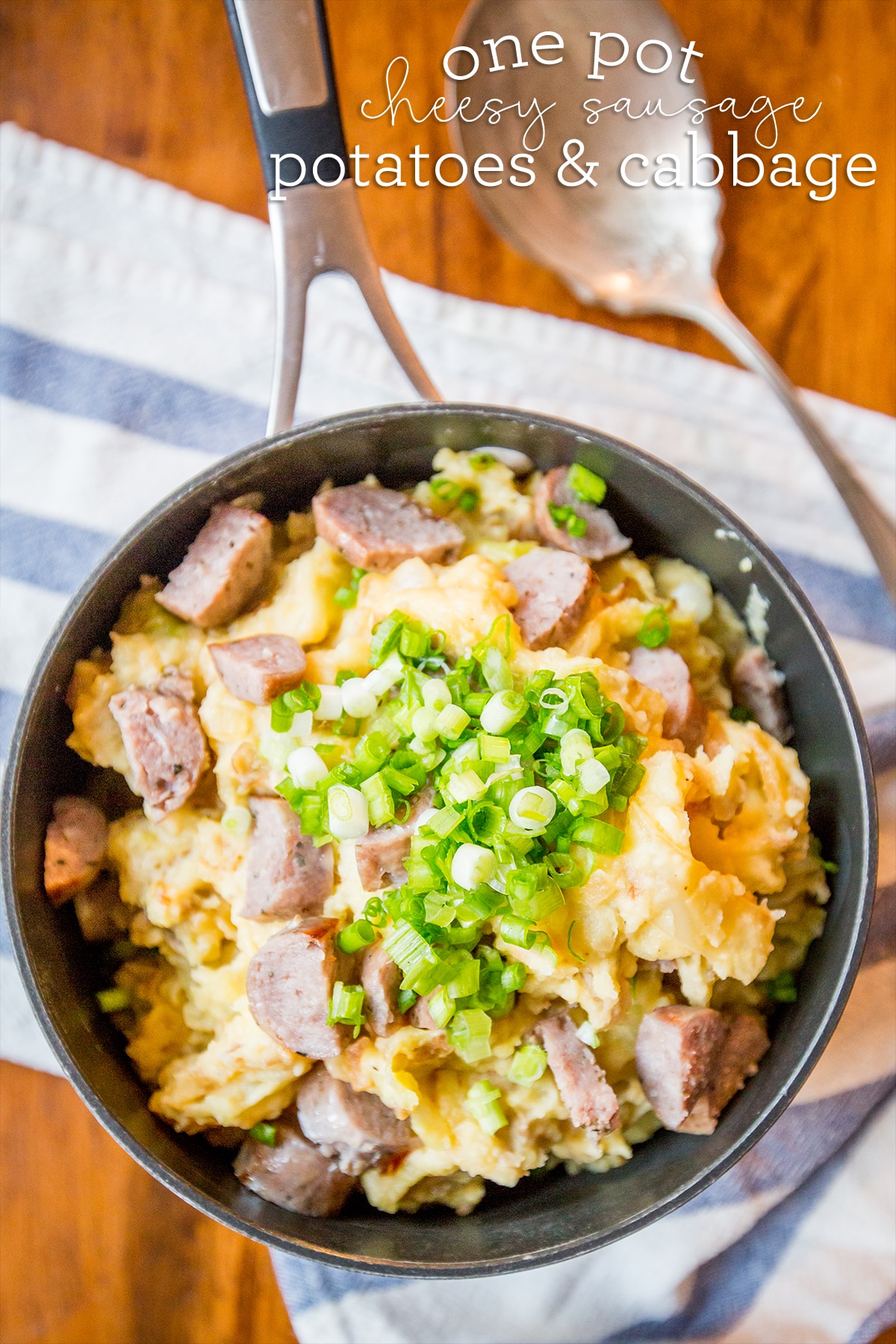 one pot cheesy sausage potatoes and cabbage- my husband asked me to make this again while we were eating it!