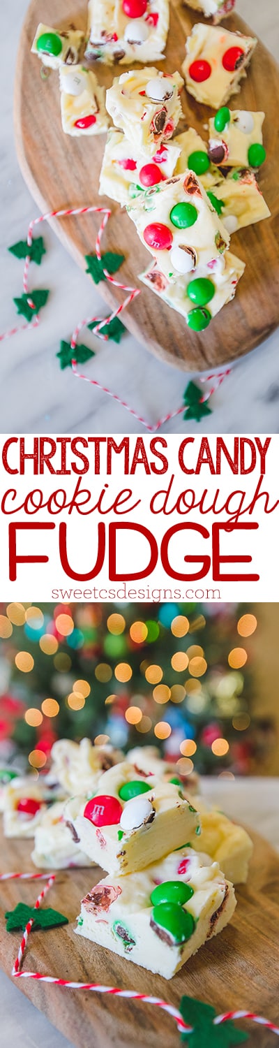 candy studded cookie dough fudge stacked on a wooden cutting board