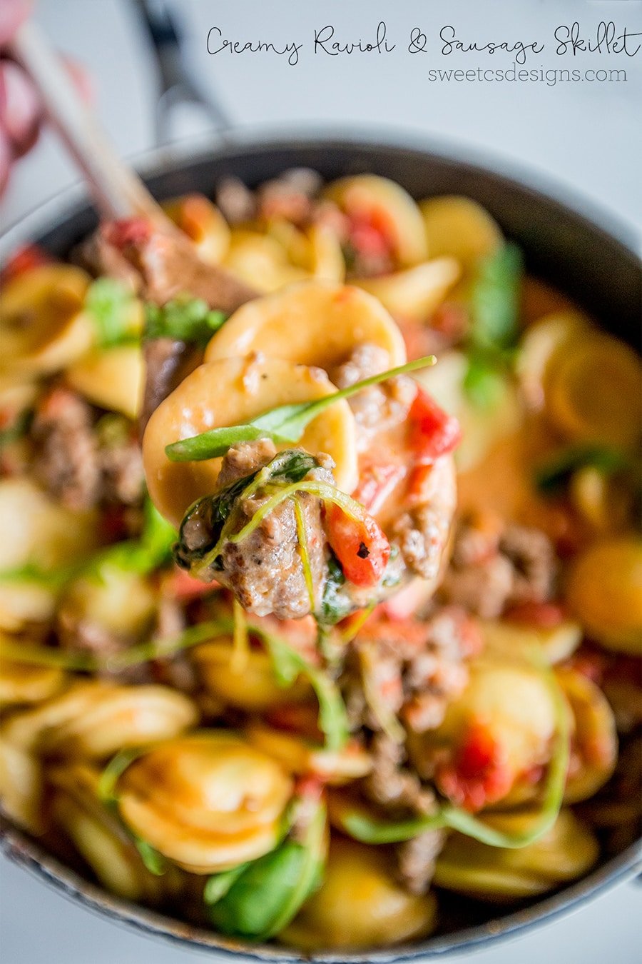 Creamy ravioli and sausage skillet- this dinner is so delicious and easy!