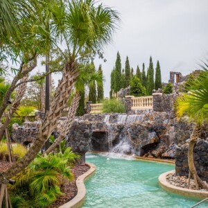 The Four Seasons Orlando at Disney World features a pool adorned with a waterfall and palm trees.