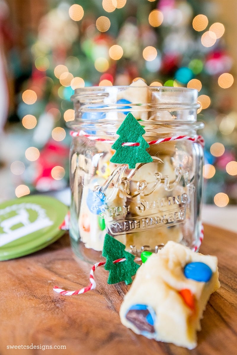 jar full of fudge with mms on them