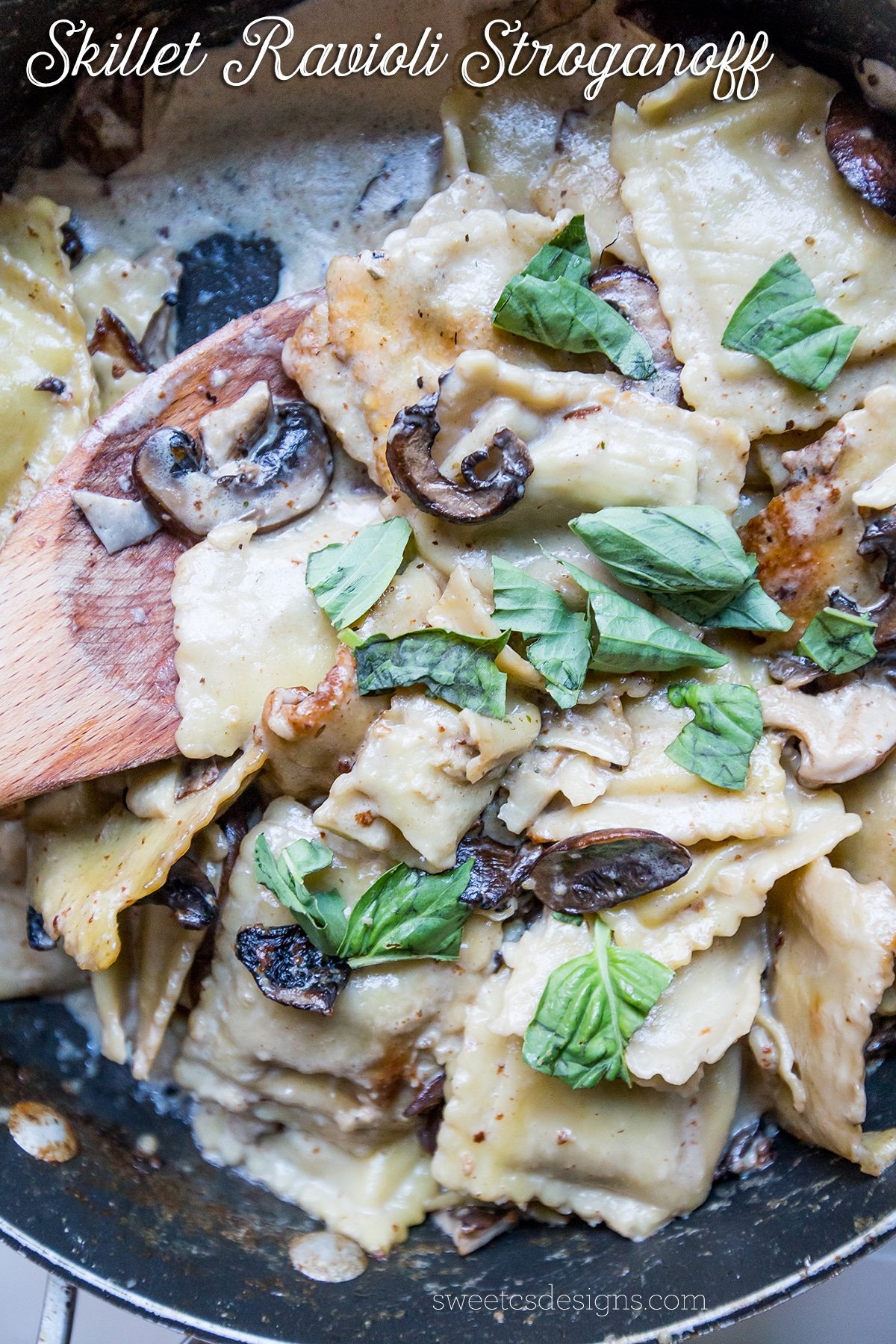 raviolis with mushrooms and basil in a creamy sauce.