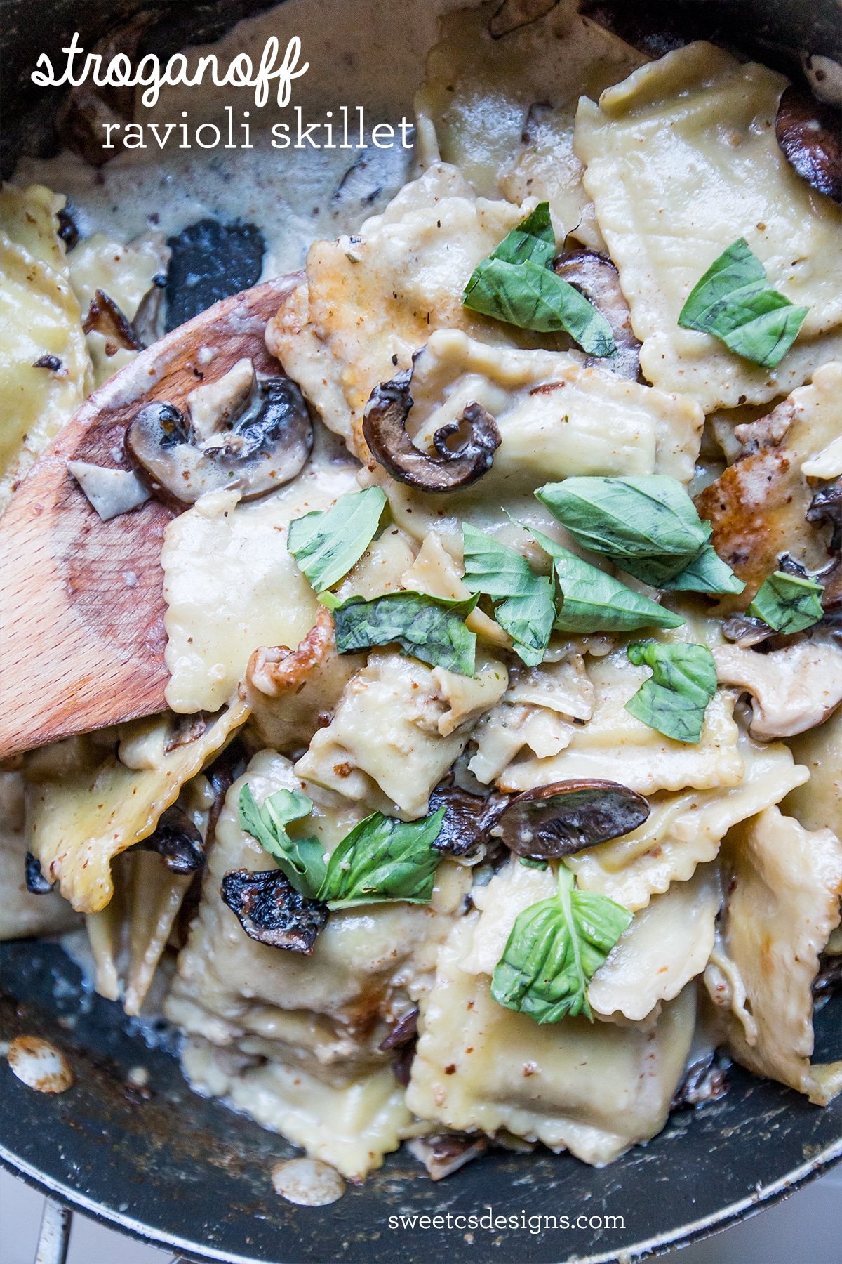 raviolis with mushrooms and basil in a creamy sauce.