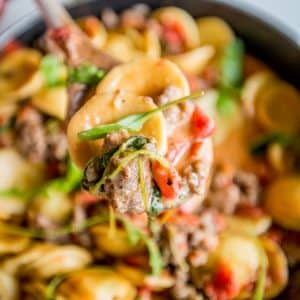 Tortellini with meat and spinach in a skillet cooked in a creamy tomato sauce.