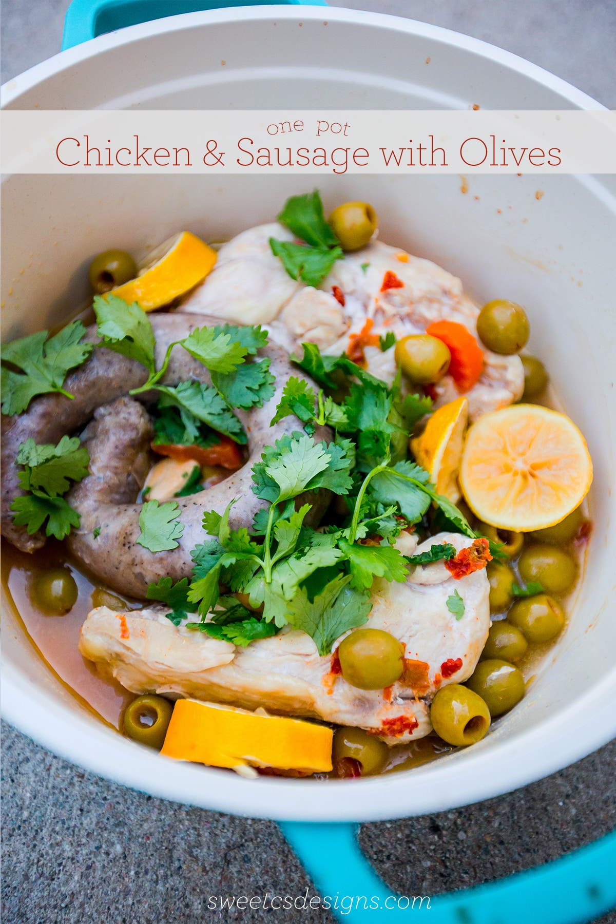 This recipe is SO delicious and only takes four ingredients- chicken and sausage with olives and lemon!