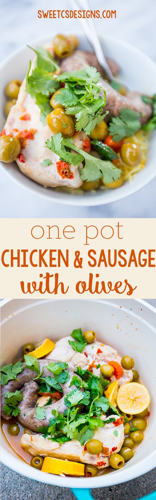 one pot chicken and sausage with olives- you wont believe how amazing this four ingredient dish tastes!