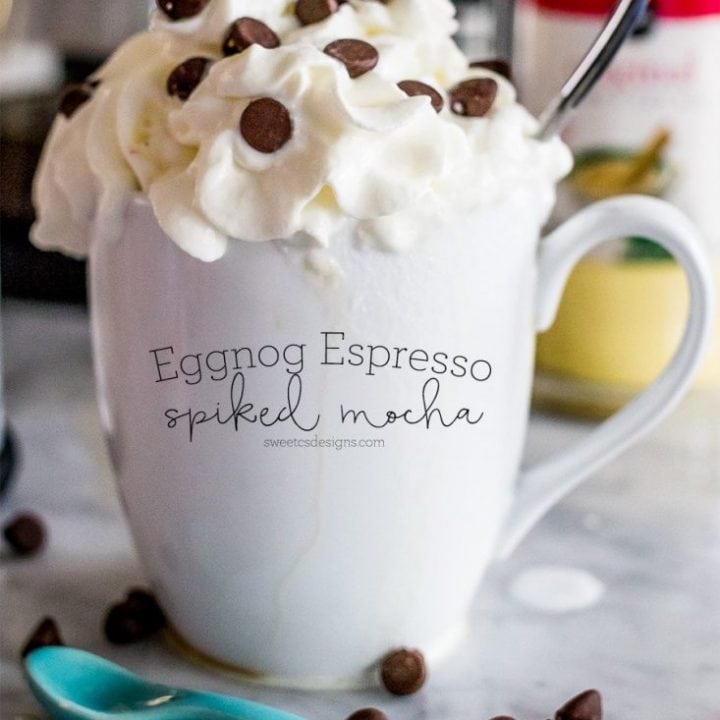 A mocha mug topped with whipped cream and chocolate chips.