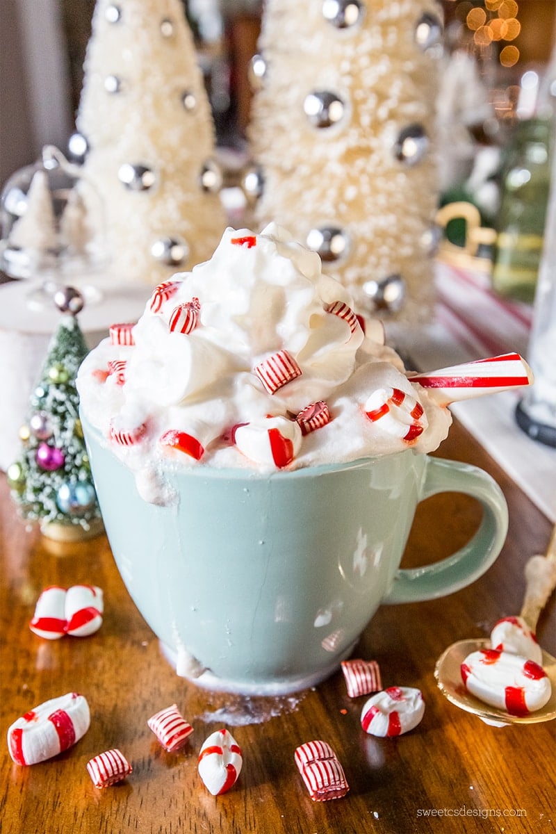 mug with whipped cream and mints coming out the top