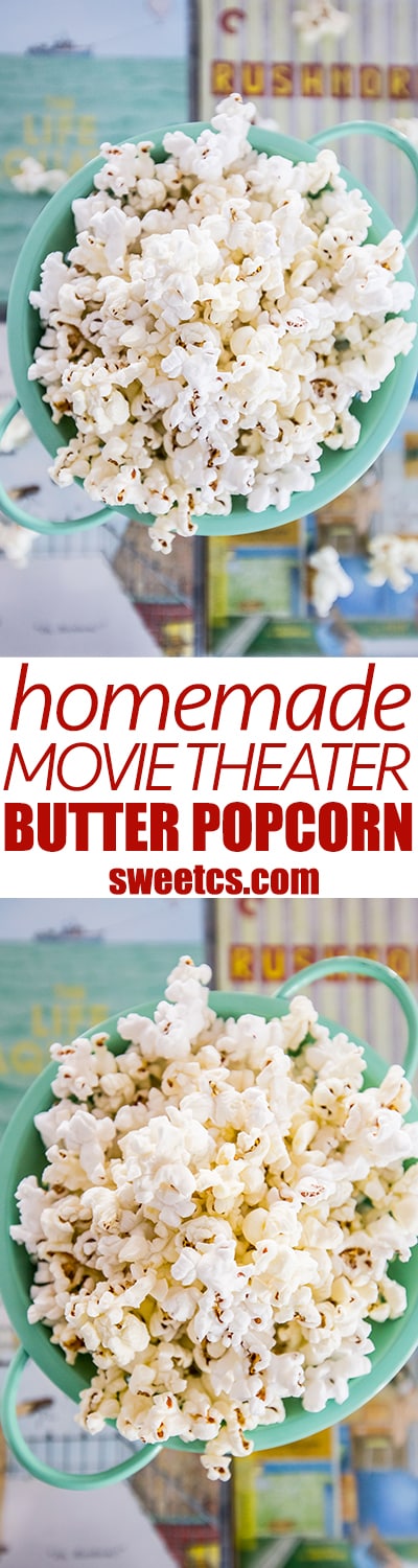 homemade buttered popcorn- just like movie theater with no fake stuff! Its so easy and delicious!