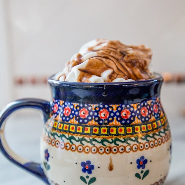 blue and white mug with whipped cream and chocolate sauce