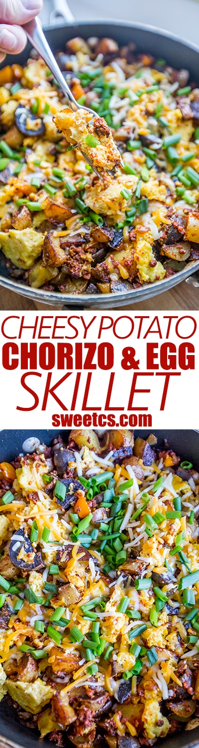 cheesy potato chorizo and egg skillet - easy, quick, and delicious!