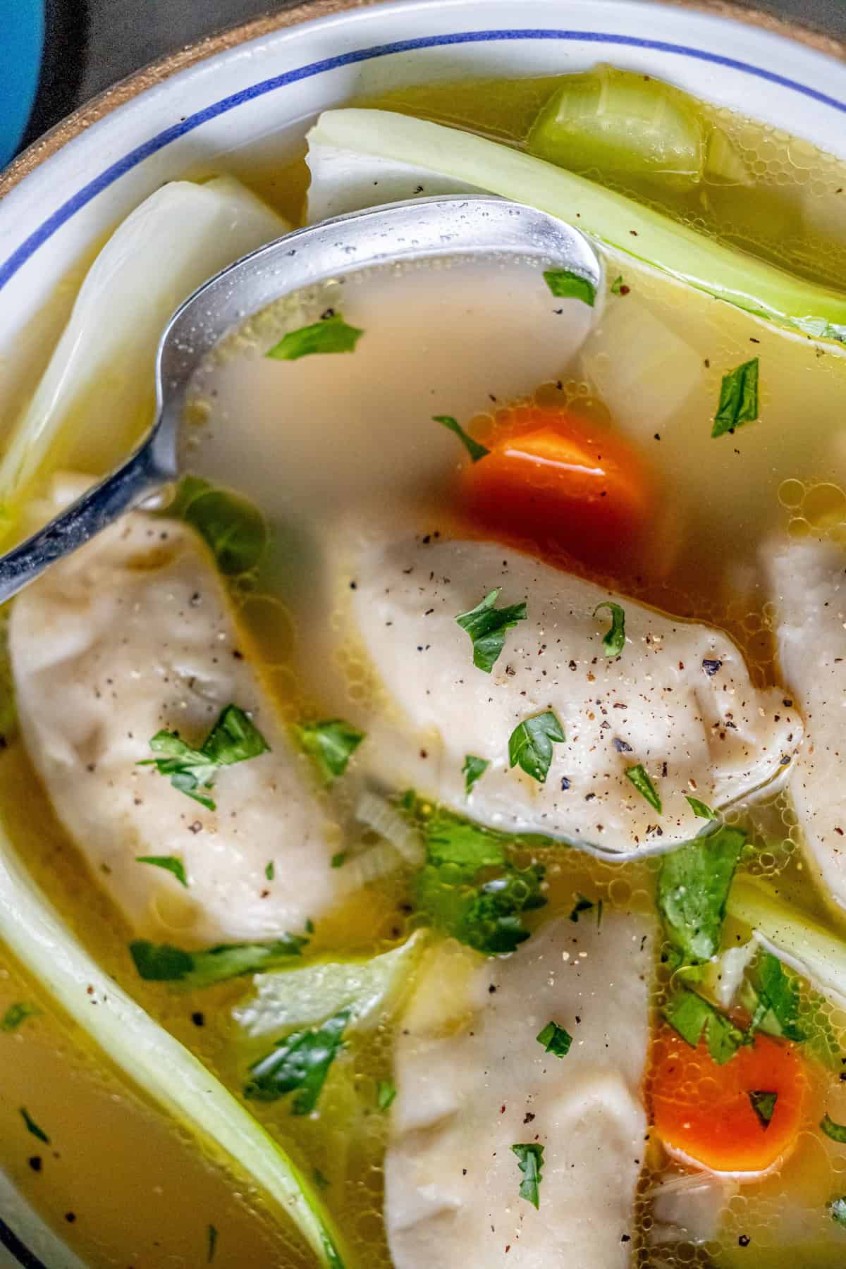 A bowl of 15-minute potsticker soup brimming with chicken dumplings, carrots, and greens. A spoon rests in the comforting broth where the surface is dotted with herbs and pepper.