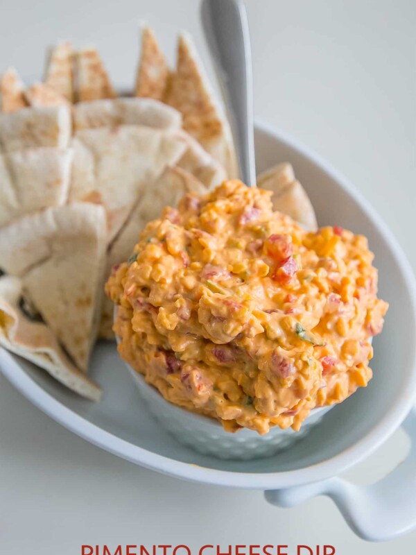 Pimiento cheese dip served with pita chips.