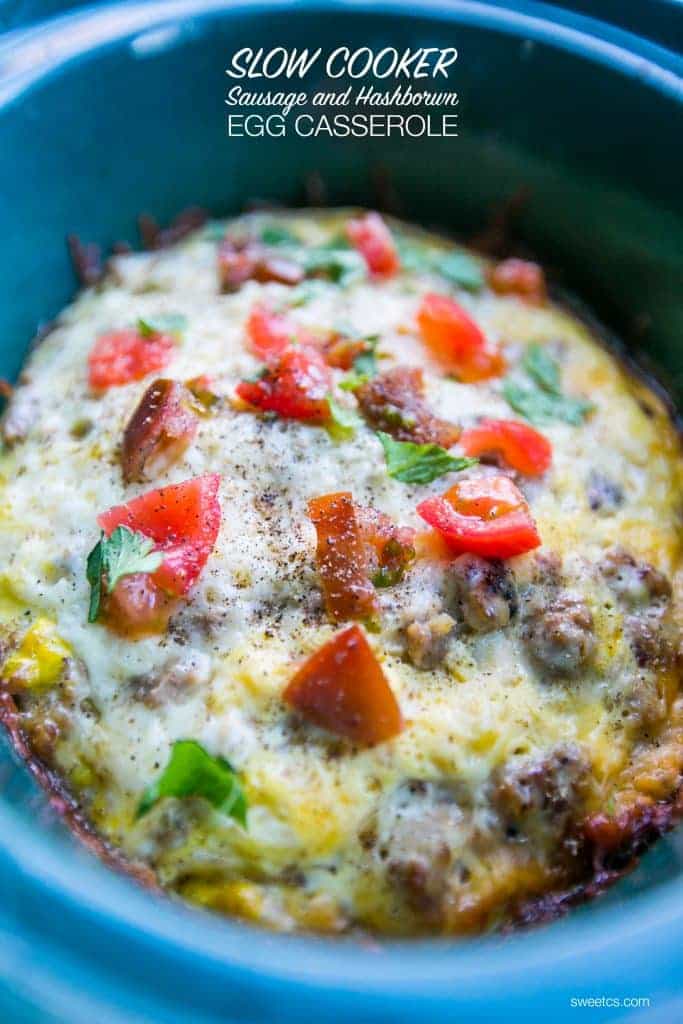 sausage hashbrown breakfast casserole in a slow cooker cooked. 