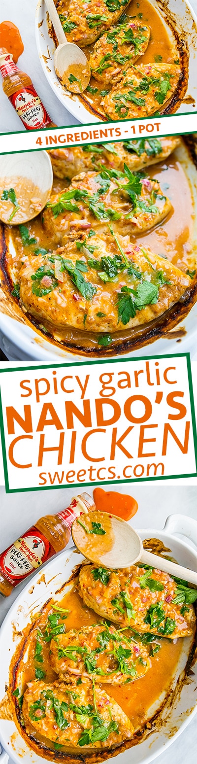Spicy garlic nandos chicken- this is a crazy easy recipe with 4 ingredients! Juciest, most flavorful chicken EVER!