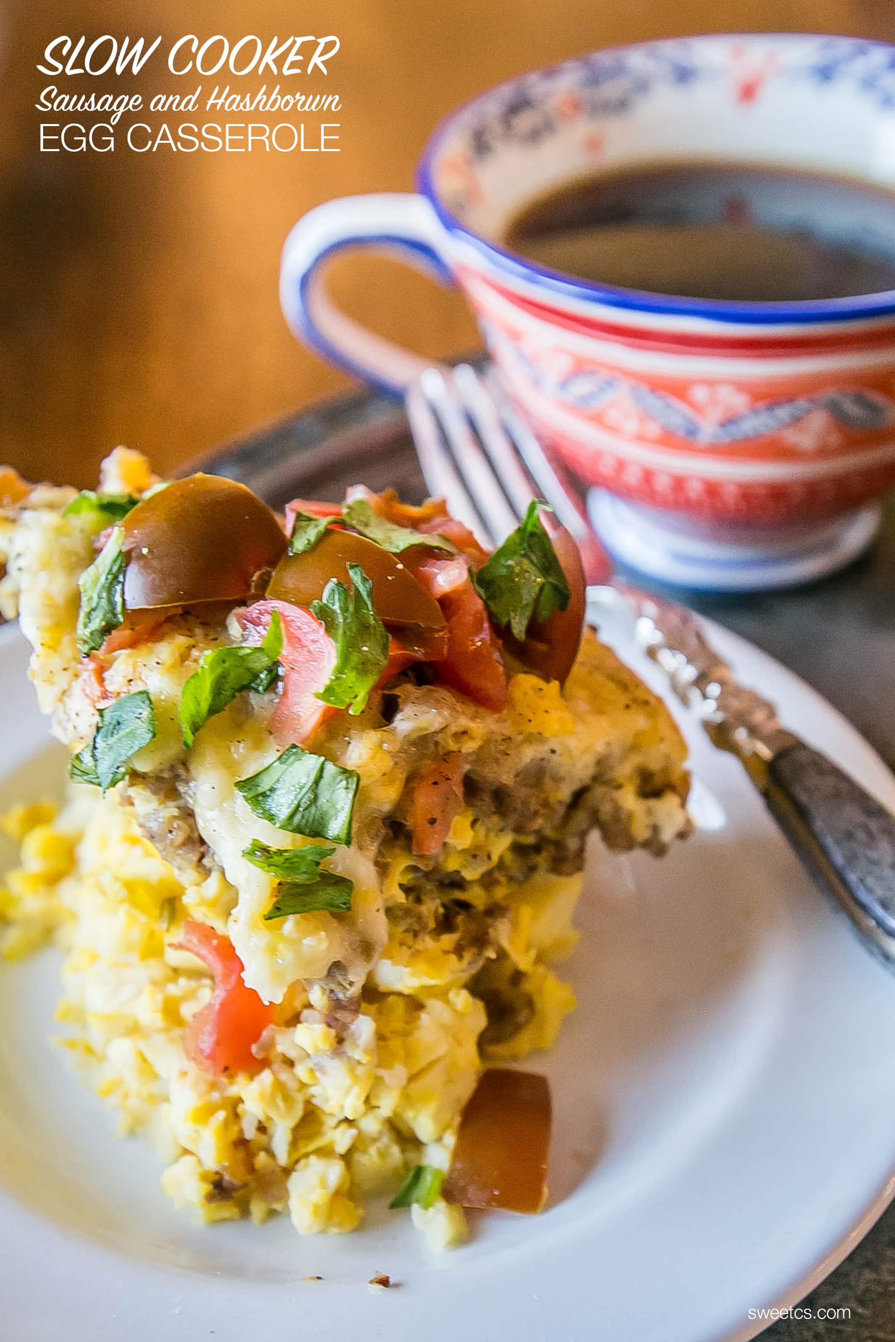 A slow cooker breakfast casserole with a cup of coffee.