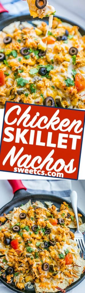 These chicken skillet nachos are delicious, easy, and full of veggies!