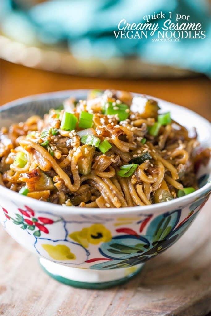 tahini noodles in a flower print bowl 