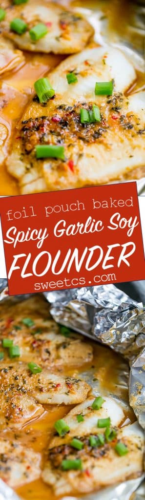 This baked flounder is delicious and so easy - bakes in a foil pouch with a delicious spicy garlic and soy sauce glaze!