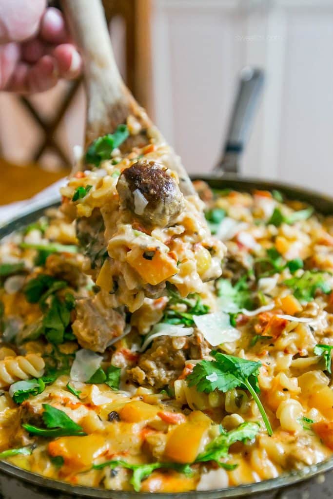 This creamy one pot sausage pasta is full of flavor- and hidden vegetables!