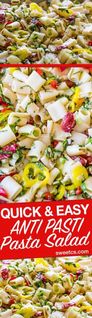 This delicious, quick and easy anti pasti pasta salad is so delicious and perfect for groups!