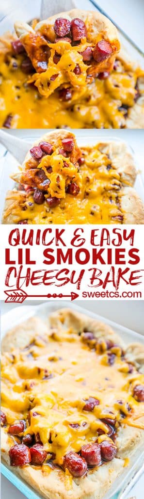 This easy cheesy quick little smokies cheesy bake is so delicious - with a grands buiscuit base!