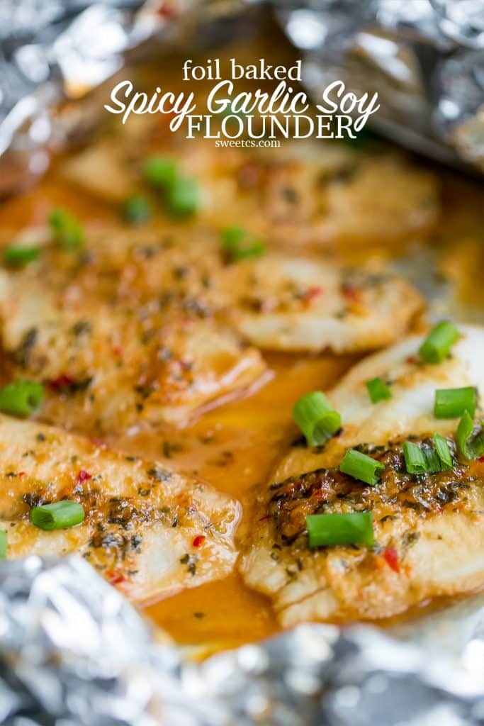 This spicy garlic soy glazed flounder recipe cooks in a foil pouch for an easy, delicious, mess-free asian inspired seafood dinner!