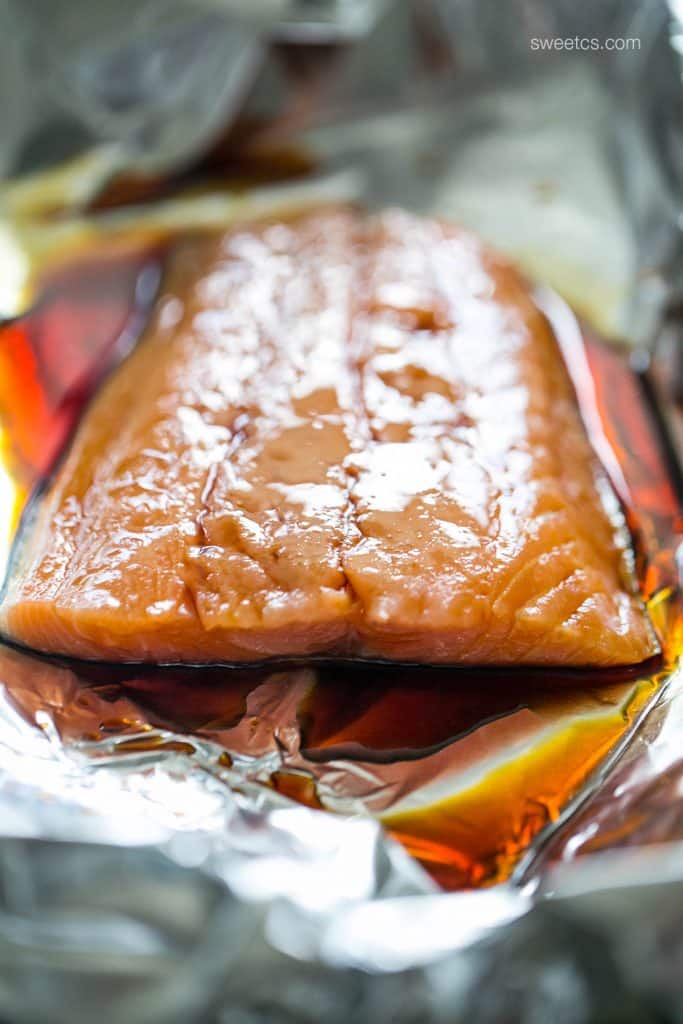 salmon marinated in soy sauce on tin foil