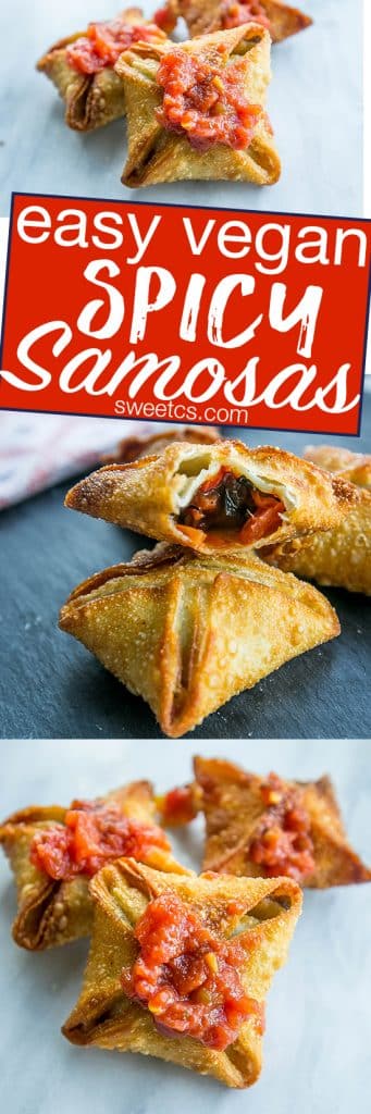 crispy samosas with red chutney on them