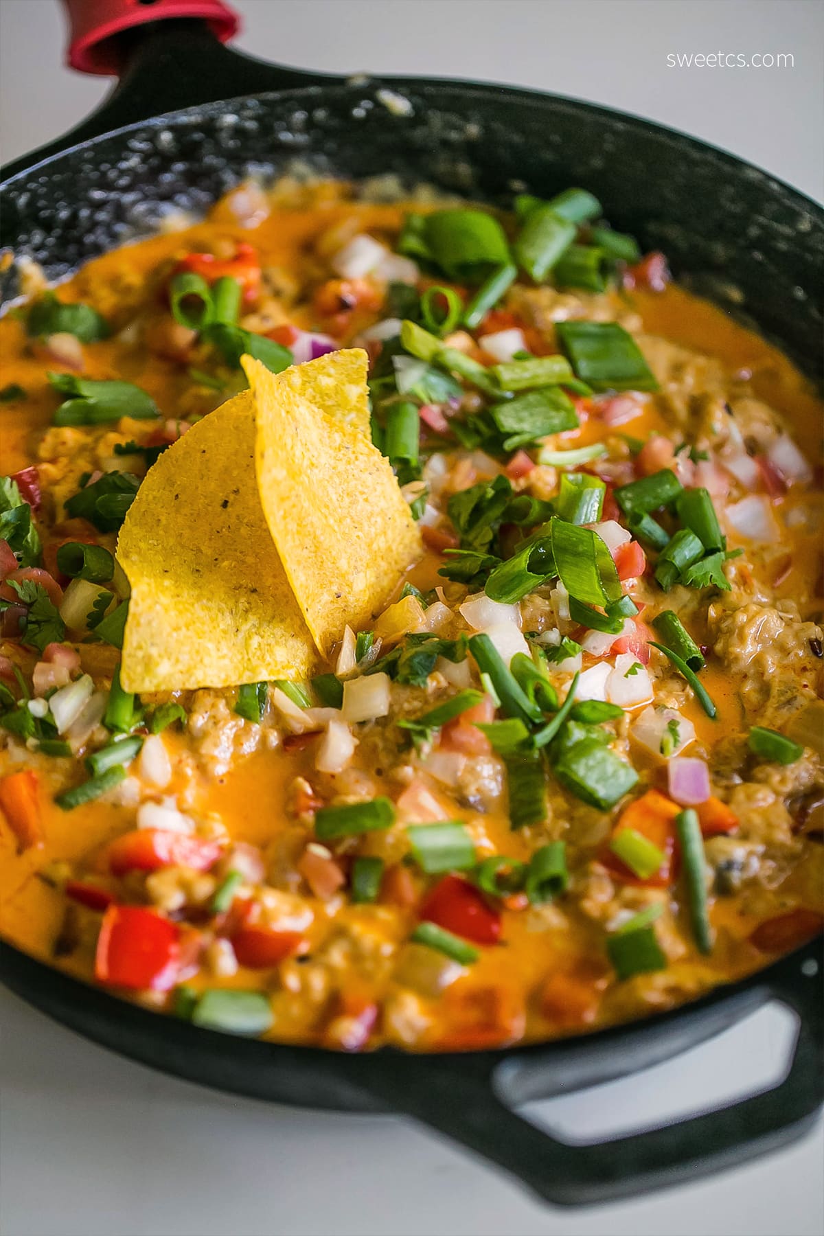 a chip going into dip with chicken, green onions, tomato, red onion, cheesy, and sauce in it