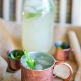 A copper mug with mint leaves and a bottle of water, perfect for Moscow Mules.