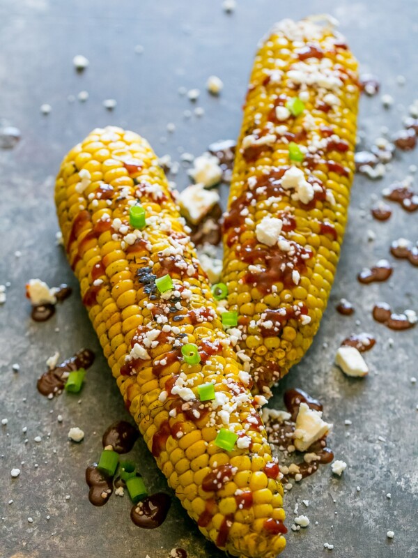 Grilled corn on the cob with blue cheese and a hint of sriracha.