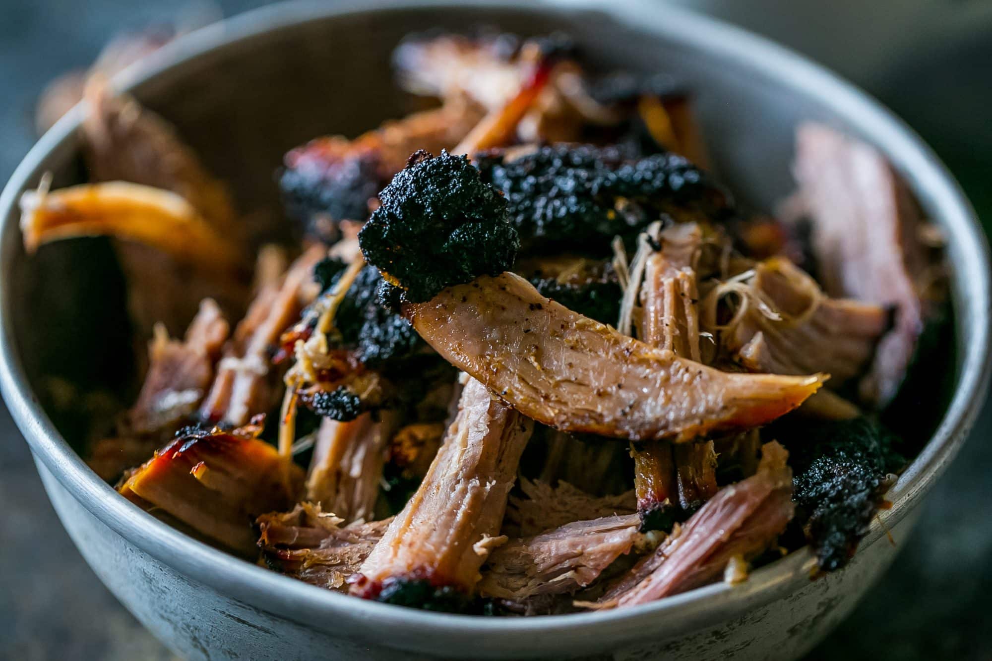 Picture of smoked pulled pork in a bowl 