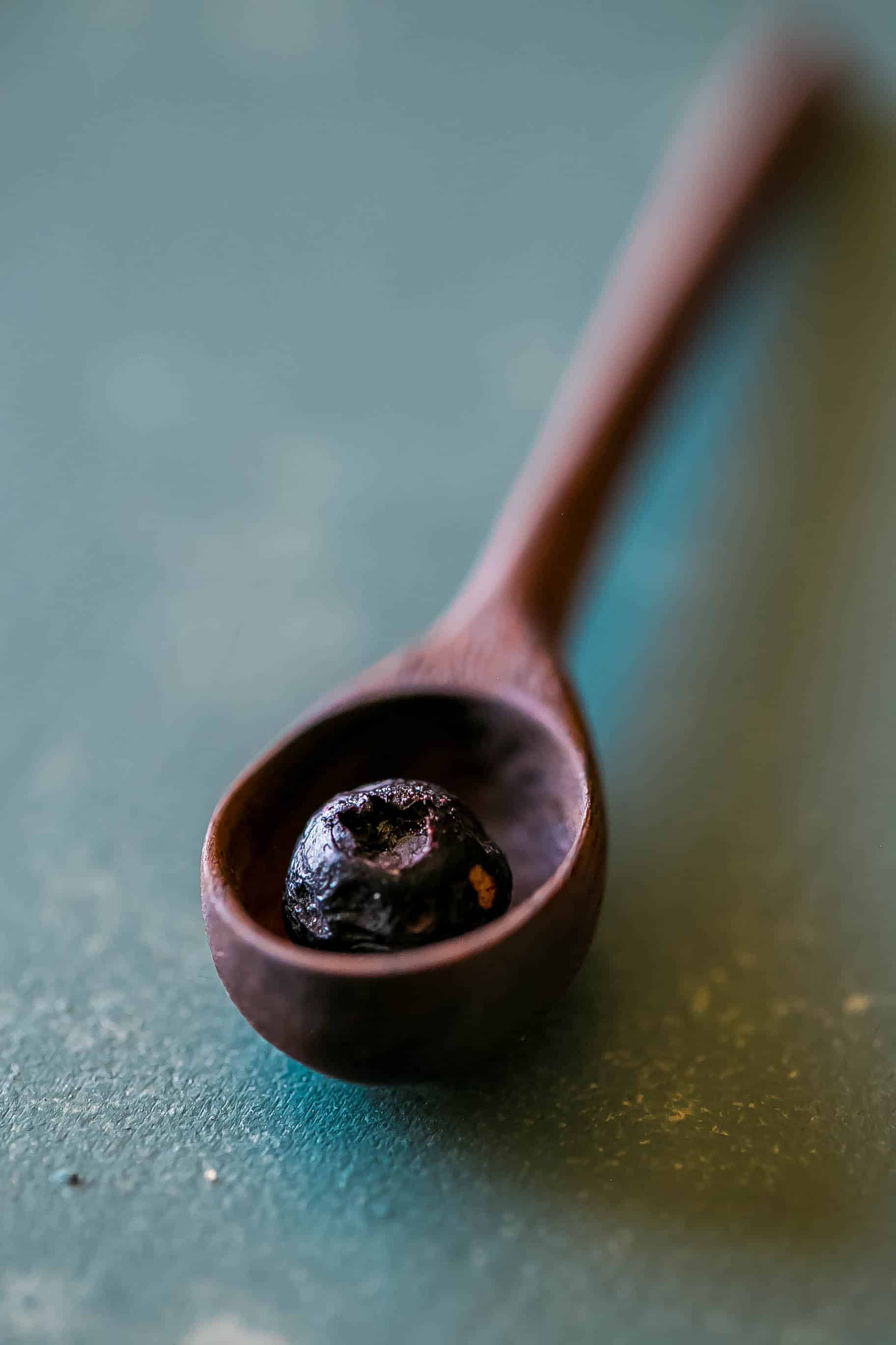 spoon with a freeze-dried blueberry in it