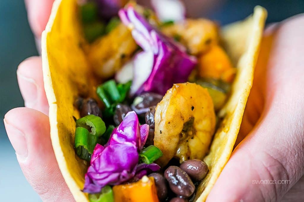 Thes shrimp tacos are SO good! Roasted tomatillos and habaneros for tons of delicious tangy, spicy flavor!
