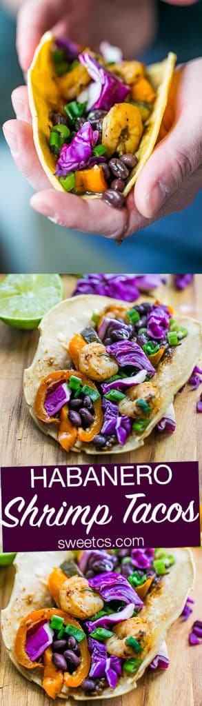 These habanero shrimp tacos are so delicious and easy- tons of flavor with roasted tomatillos and fresh veggies!