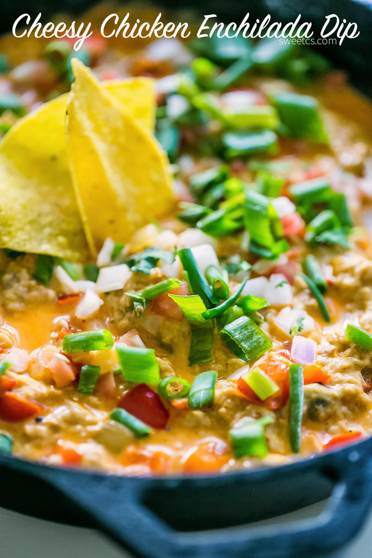 a chip going into dip with chicken, green onions, tomato, red onion, cheesy, and sauce in it