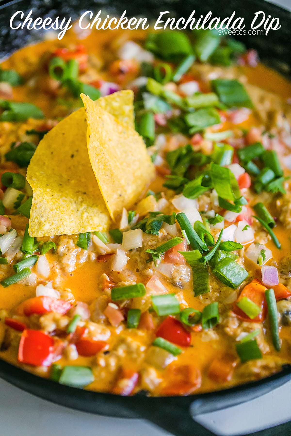 a chip going into dip with chicken, green onions, tomato, red onion, cheesy, and sauce in it