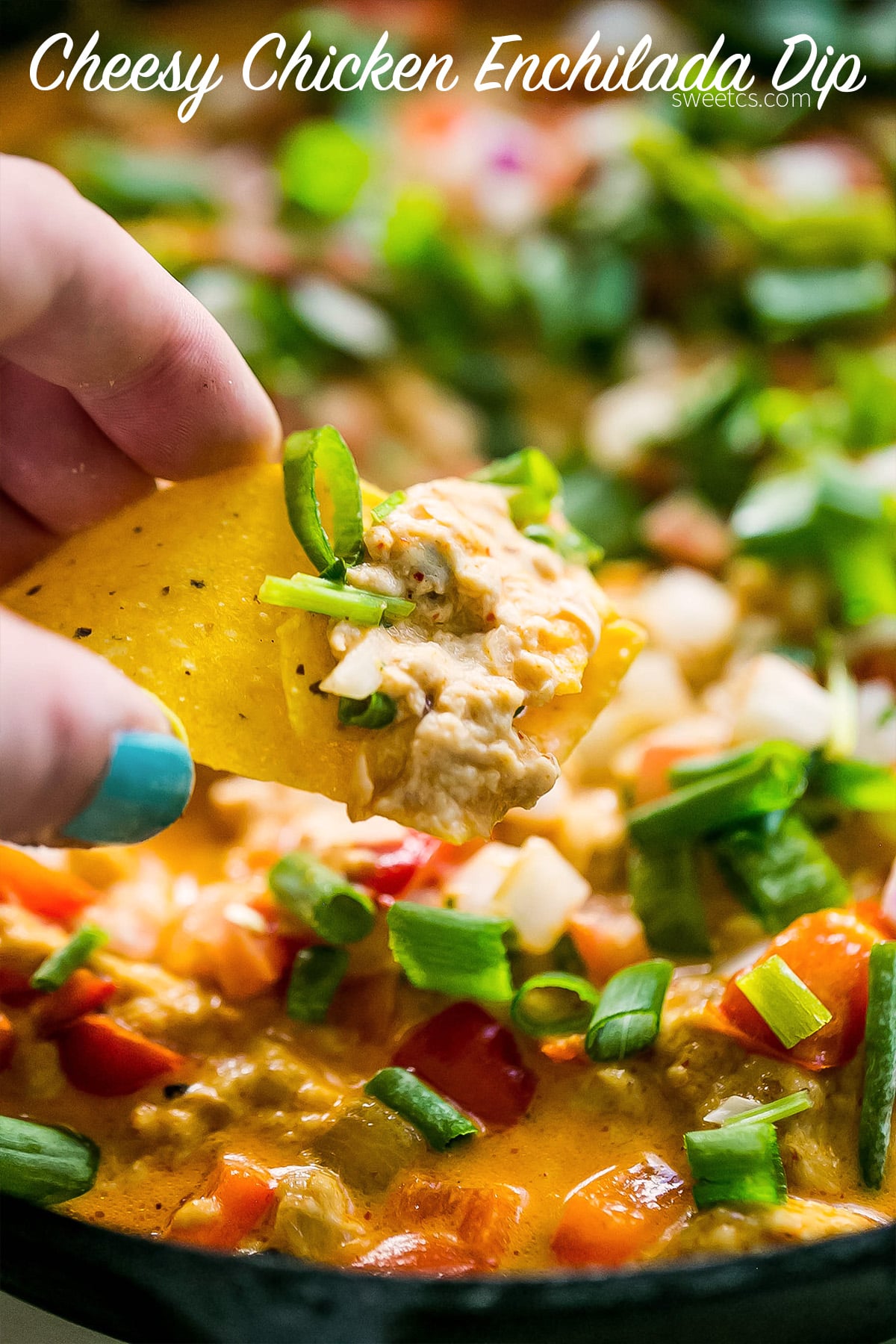 chip in dip with chicken, green onions, tomato, red onion, cheesy, and sauce in it