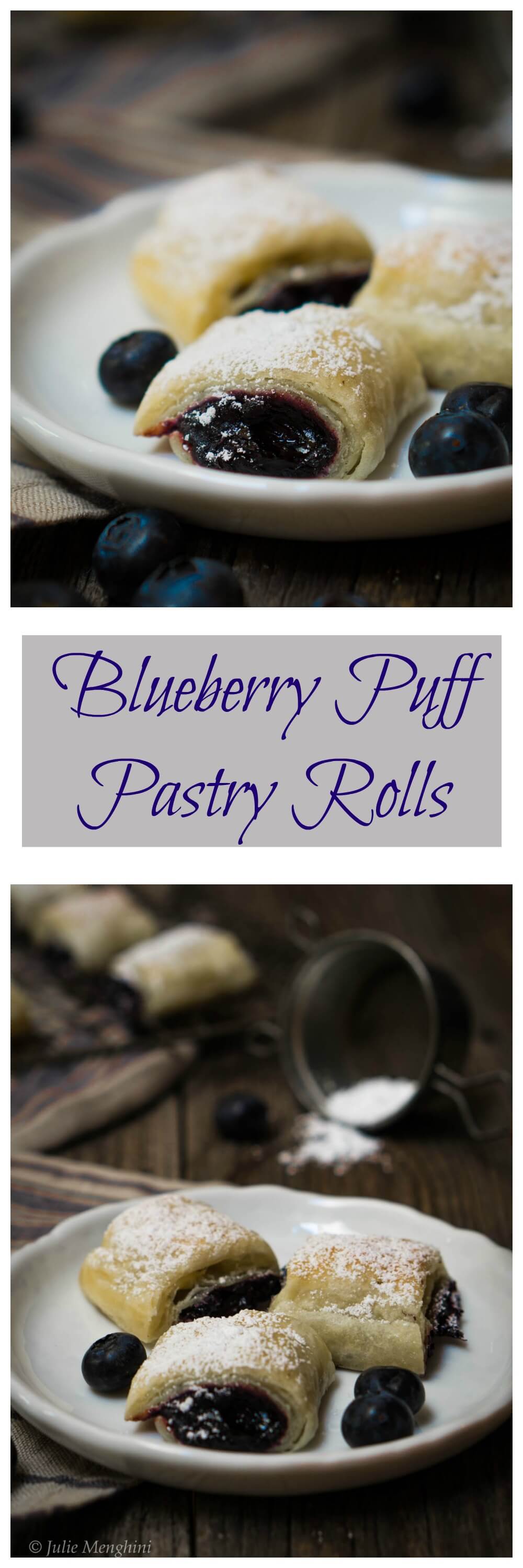 puff pastry wrapped around blueberry jam on a plate with blueberries on it