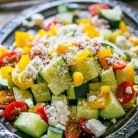 A Greek salad with cucumbers, tomatoes, and feta.