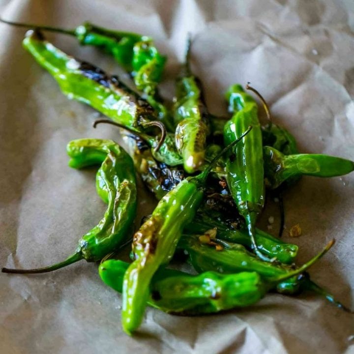 Blistered Shishito Peppers on a piece of paper.
