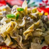 A plate of colorful One Pan Beef Stroganoff, with pasta, meat, and cheese.