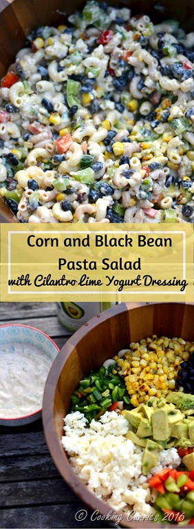 corn, pasta, black beans, tomatoes, corn, rice, jalapeno, avocado, cilantro, and yogurt separate and mixed into a pasta salad