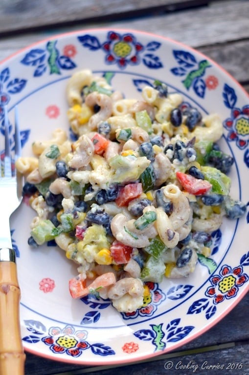 noodles, peppers, creamy dressing, corn, and black beans mixed together