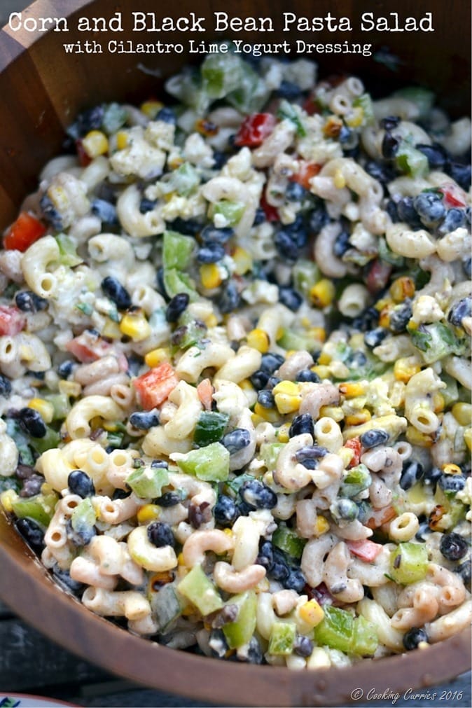 noodles, peppers, creamy dressing, corn, and black beans mixed together