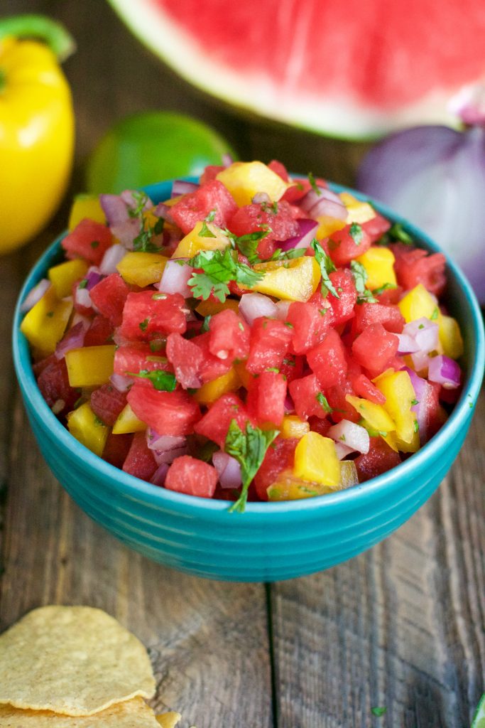 picture of watermelon salsa in a blue bowl 